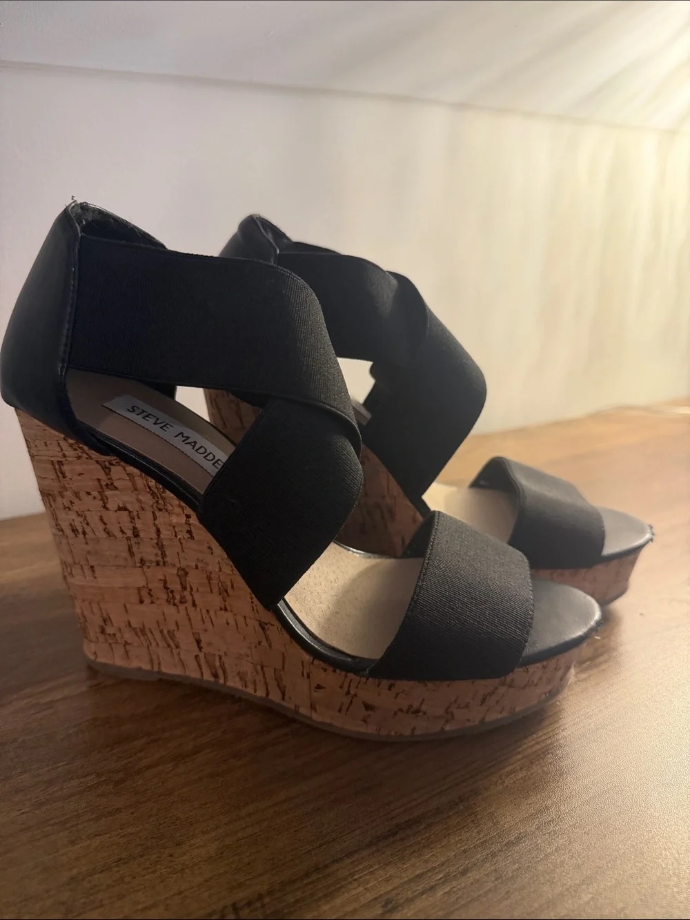 Steve Madden Black Cork Wedge Sandals with Crisscross Straps - Women